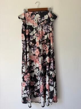 Black Pink Floral Print Plus Size Flowy Romantic Boho Maxi Skirt Size 3XL